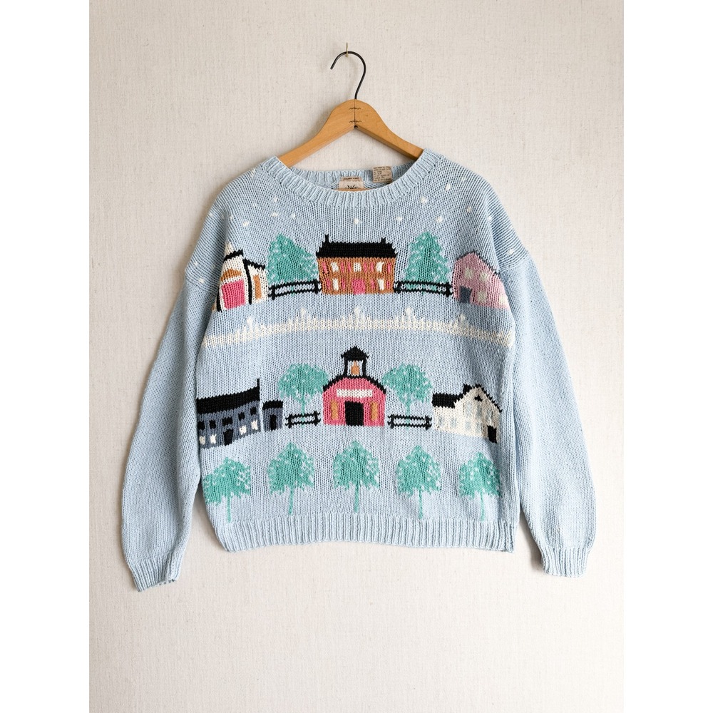 Natural Selection Woman Vintage Hand Knit Winter‎ Village Sweater Light Blue L